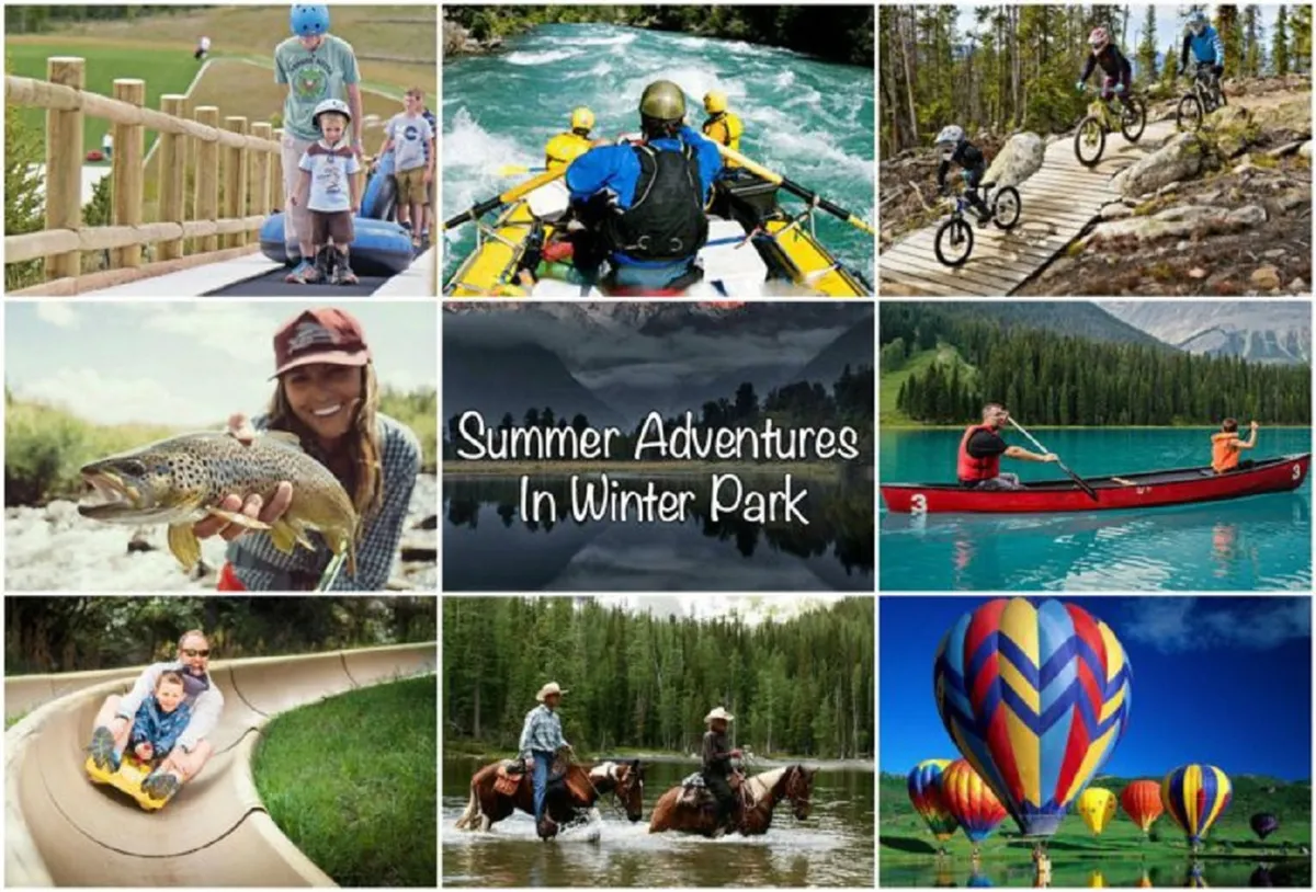 A vibrant outdoor scene alive with summer adventure: families enjoy rafting down rapids, kids and adults ride mountain bikes, a fisherman tries his luck, groups kayak, horses navigate a scenic trail, and colorful hot air balloons rise above rolling hills. The image radiates joy and the spirit of outdoor exploration.