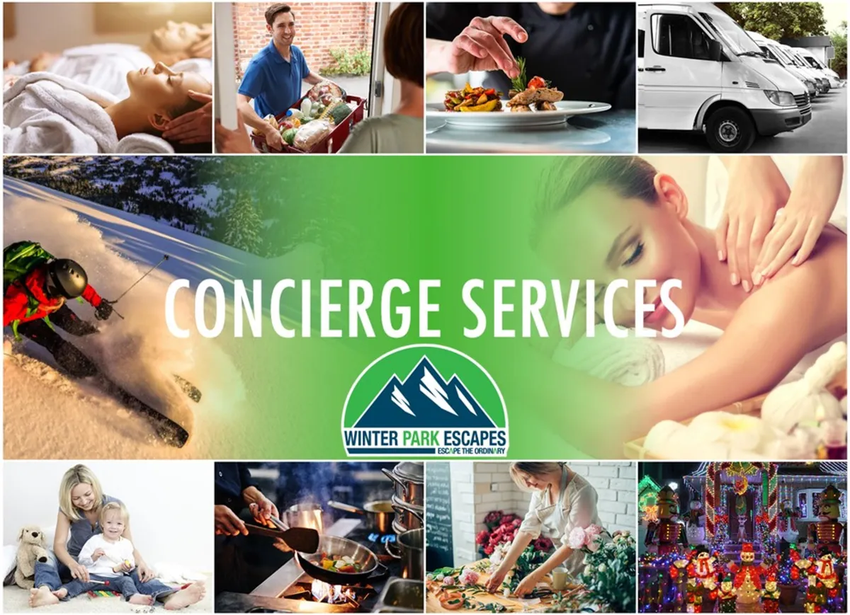 A vibrant composite scene showcasing in-room concierge services, gourmet food delivery, luxurious spa treatments, and exciting winter sports, all centered around the comfort and convenience of home. The image conveys the seamless access to amenities such as ski gear fitting, spa experiences, and family activities, emphasizing both action and relaxation in a resort-style environment.